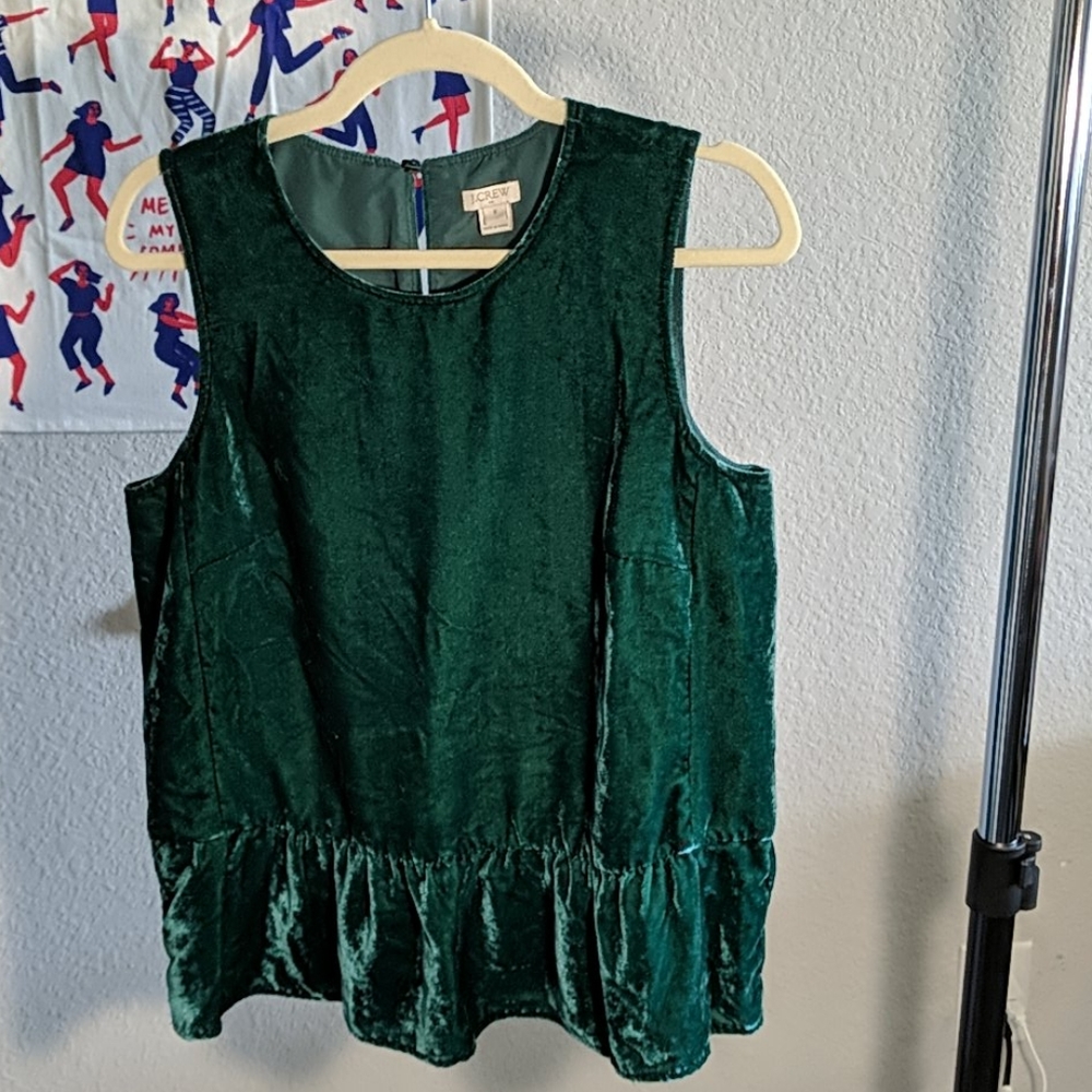 J Crew Green Crushed Velvet Peplum Top